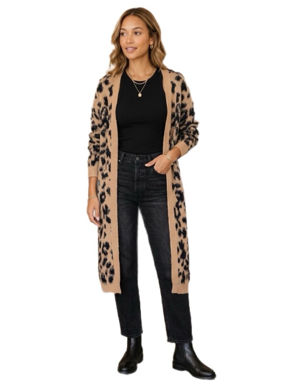 DAVI & DANI Tan and Black Animal Print Long Cardigan Sweater Size M